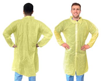 Yellow Disposable Lab Coats for Adults, XL. 50 Pack PP Disposable Coats Medical. 44 Inches Length Painting Lab Coat No Pocket, Hook and Loop, Collar