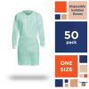 Disposable Isolation Gowns in Bulk. Pack of 50 Green SPP 25 gsm Frocks. Regular Protective Body Knee-Length Lab Coats, Knitted Cuffs