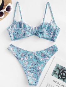 Hot Selling High Quality Bikini Floral High Cut Bikini Sets V-Wired Two Piece Swimsuit Bathing Suit (Option: M-Blue)