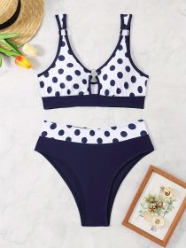 Women's Bikini Set With Random Prints, Sexy Polka Dot Ring Two-piece Swimsuit, Beach Style (Option: L-Navy blue)