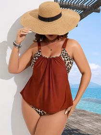 Women's Plus-size Tankini Set, Leopard Print, Halter-neck, Faux Two-piece, Figure-flattering, Two-piece, Vacation Style (Option: 3XL-Dark brown)