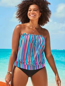 Women's Tankini Suit Striped Print Strapless Two-wear Detachable Off-the-shoulder Sexy Swimsuit Two-piece Vacation Chic (Option: Pattern and colour-L)