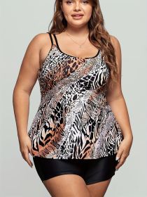 Women's Plus-size Tankini Suit, Leopard Print, Boxer Shorts, Holiday Style (Option: Black-5XL)