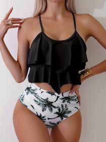 Palm Tree Print Bikini Sets, Ruffle Round Neck High Waist High Cut Two Pieces Swimsuit, Women's Swimwear & Clothing For Palm Sunday (Option: Black-S)