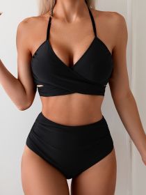 Women's Cross Halter Swimsuit Bikini Two-piece Solid Color Cross Bikini Chest (Option: Black-XL)