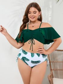 Women's Large Size One-shoulder Tropical Print Bikini Set Bikini Style (Option: Dark green-4XL)