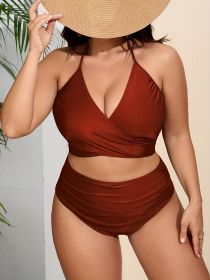Women's Oversized Bikini Set, Solid Color, Cross Lace-up In The Chest, Hanging Neck, Backless Sexy Bikini, Vacation Style (Option: Chocolate color-1XL)