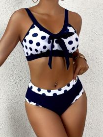Women's Fashion Plus-size Bikini Set, Random Print, Sexy Bow Polka Dot Swimsuit Two-piece, Vacation Style Bikini. (Option: Navy blue-1XL)