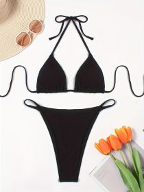 European And American Sexy Solid Color Small Pit Strip Bikini Bikini Holiday Style (Option: Black-L)