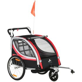 2-in-1 Double Baby Jogging Stroller, Bike Trailer for Kids & Toddlers with Handbrake, 5 Point Harness, Waterproof Cover, Storage Bag, Safety Flag (Color: Red)