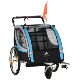 2-in-1 Double Baby Jogging Stroller, Bike Trailer for Kids & Toddlers with Handbrake, 5 Point Harness, Waterproof Cover, Storage Bag, Safety Flag (Color: Blue)