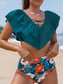 Oversized Bikini Fashion European And American Pleated Trim Set (Option: Dark green-5XL)