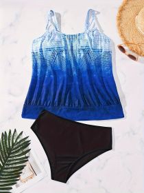 Women's Plus-size Tankini Suit Gradient Vest Two-piece Set Vacation Style (Option: Navy cyan-5XL)