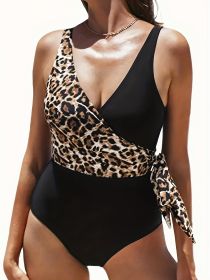 Women's Fashionable One-piece Swimming Suit With Random Prints, Patchwork Straps, One-piece Design, Beach Style. (Option: Black-XXL)